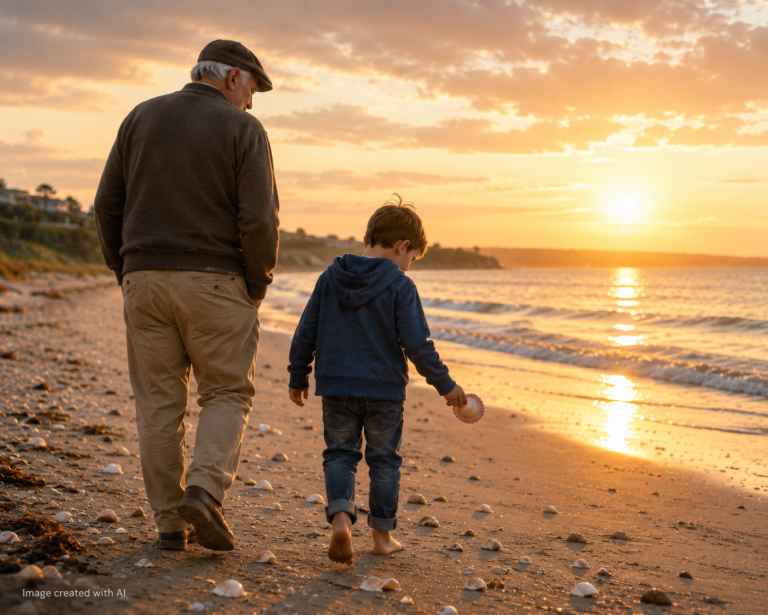 A young boy walking on the beach with his grandfather collecting shells