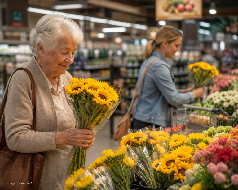 An elderly lady looking at flowers in a supermarket