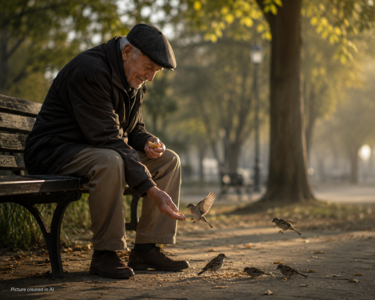 A man feeding some little birds on a park bench