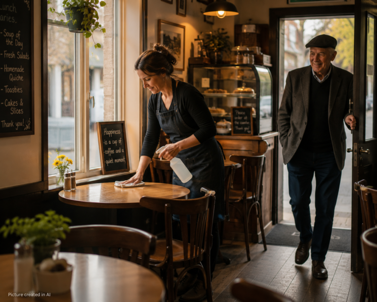 A cafe owner wiping down the table in the cafe as an elderly man walks in