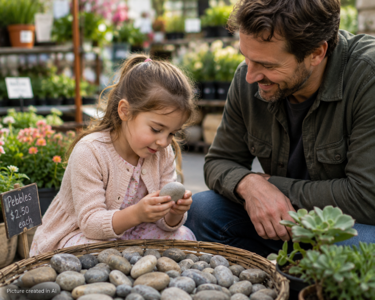 A little girl and her father are selecting pebbles in a garden centre