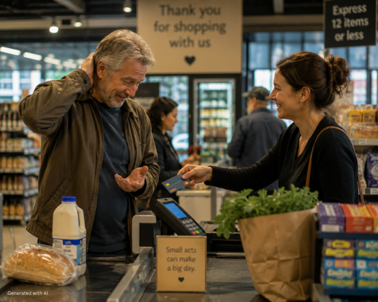 A woman quietly pays for an elderly man's groceries at a supermarket checkout, capturing a simple everyday moment of unexpected kindness.
