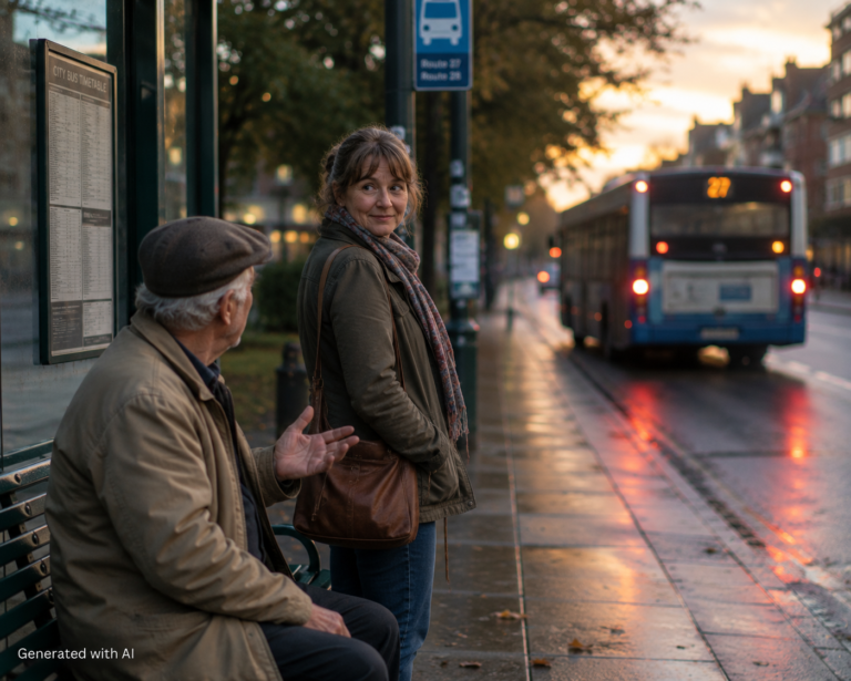A woman smiles at a bus stop after missing her bus while an elderly man sits nearby, capturing a quiet everyday moment of unexpected conversation.