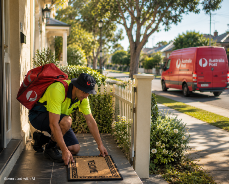 An Australian postie pauses outside a suburban home to straighten a welcome mat before continuing along the footpath on his delivery round.
