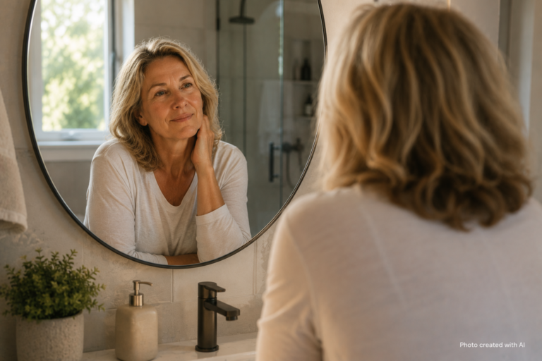 A thoughtful woman in her 50s stands at a bathroom mirror, smiling gently at her reflection in soft morning light, symbolising reflection, midlife and appreciating the years ahead."