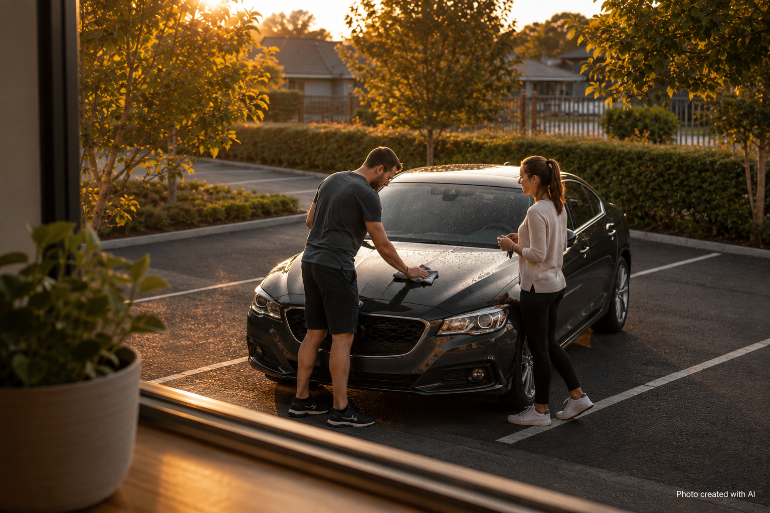 View from a second-storey apartment window overlooking a suburban car park, where a man lovingly wipes dust from his car while his partner stands beside him in the warm afternoon sunlight.