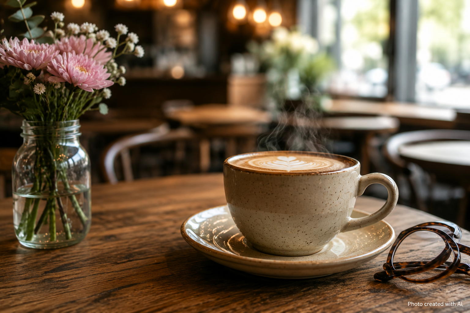 A warm cup of coffee on a wooden café table with soft flowers and a cosy café blurred in the background, symbolising dating after 50 and new beginnings.