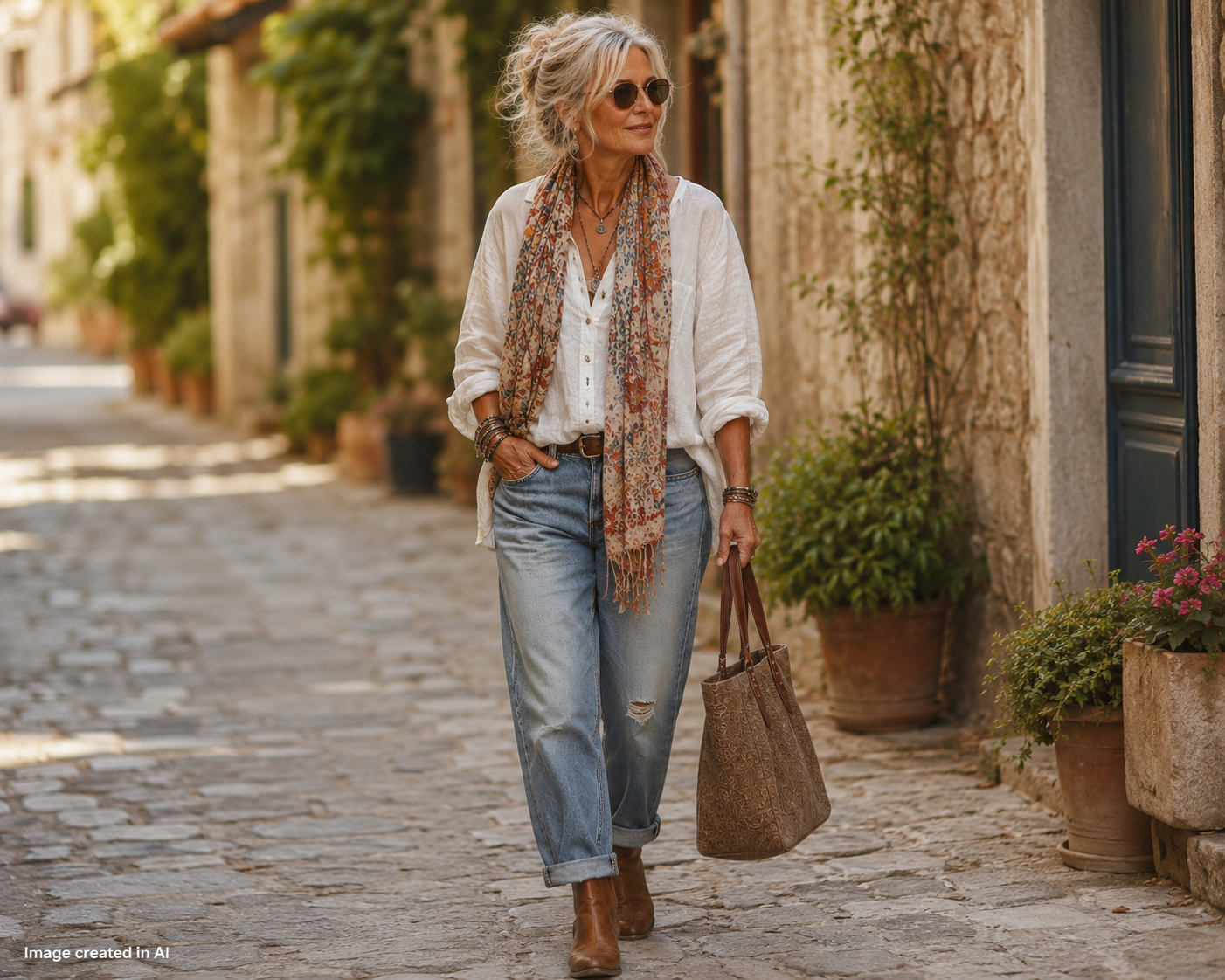 Authentic woman over 50 wearing a relaxed bohemian outfit with faded jeans, linen shirt and colourful scarf, walking confidently down a quiet street.