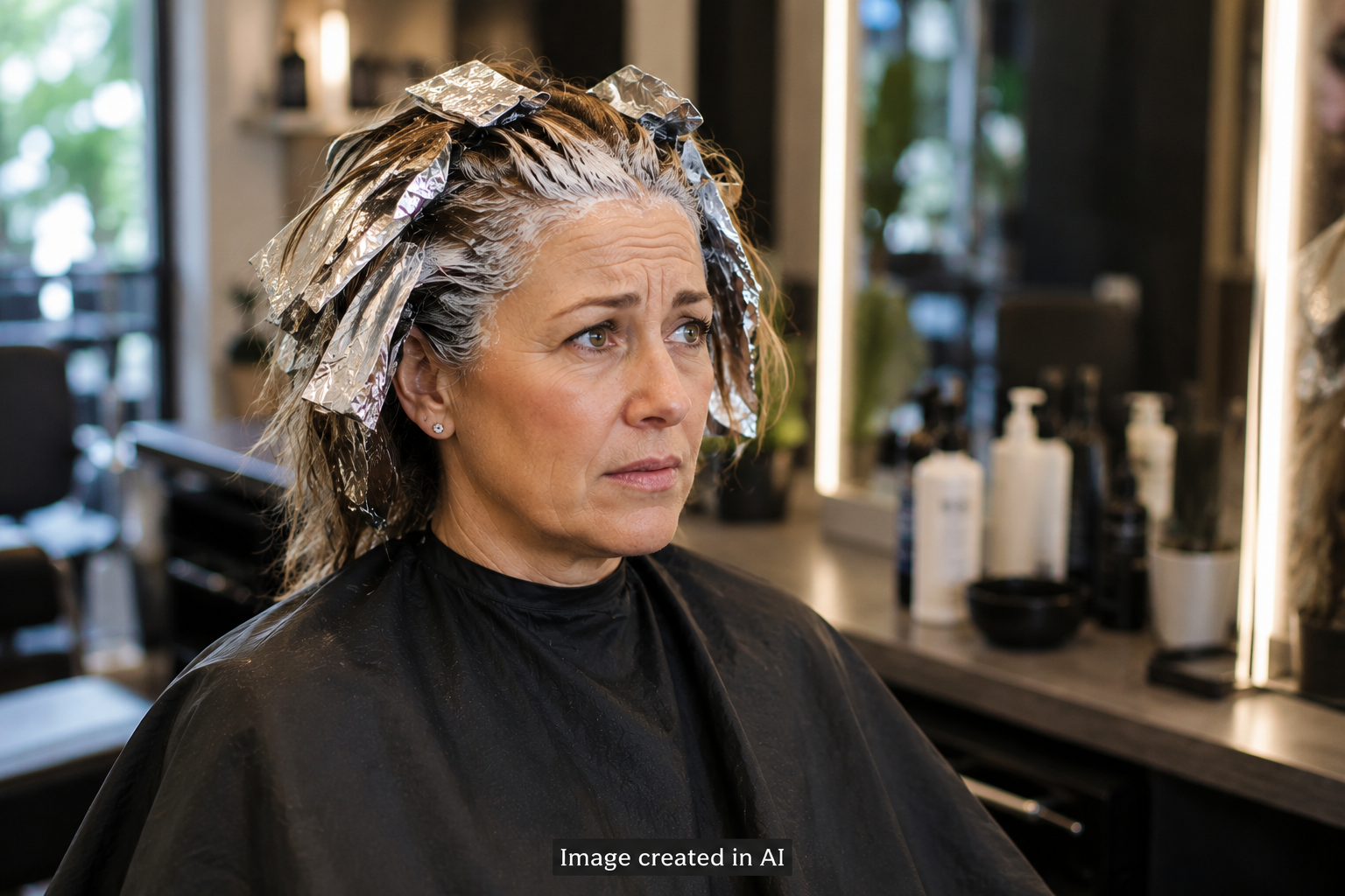 Woman sitting at a hairdresser with hair colour applied, looking worried during a routine salon appointment. Low level of communication.