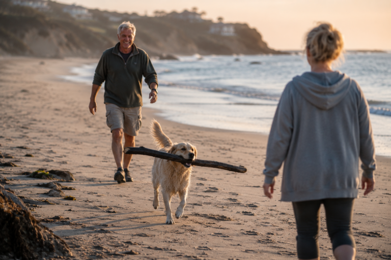 A man and his dog walking on the beach the dog with the biggest stick he could find