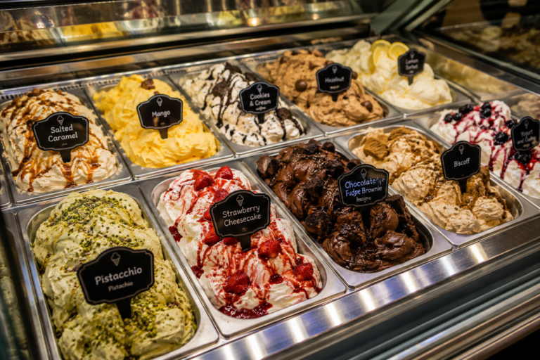 An ice cream cabinet full of lovely flavours of icecream provide certainty or maybe not